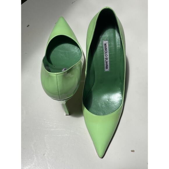 Manolo Blahnik Neon Pastel Green Pumps Heels 39 1/2 Thin Tall Square Stick Heel - Picture 4 of 10